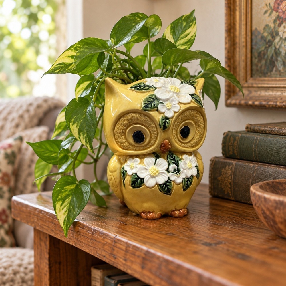 Vintage 1970s Japan Owl Planter 6314 Yellow Ceramic Dogwood Flowers MCM